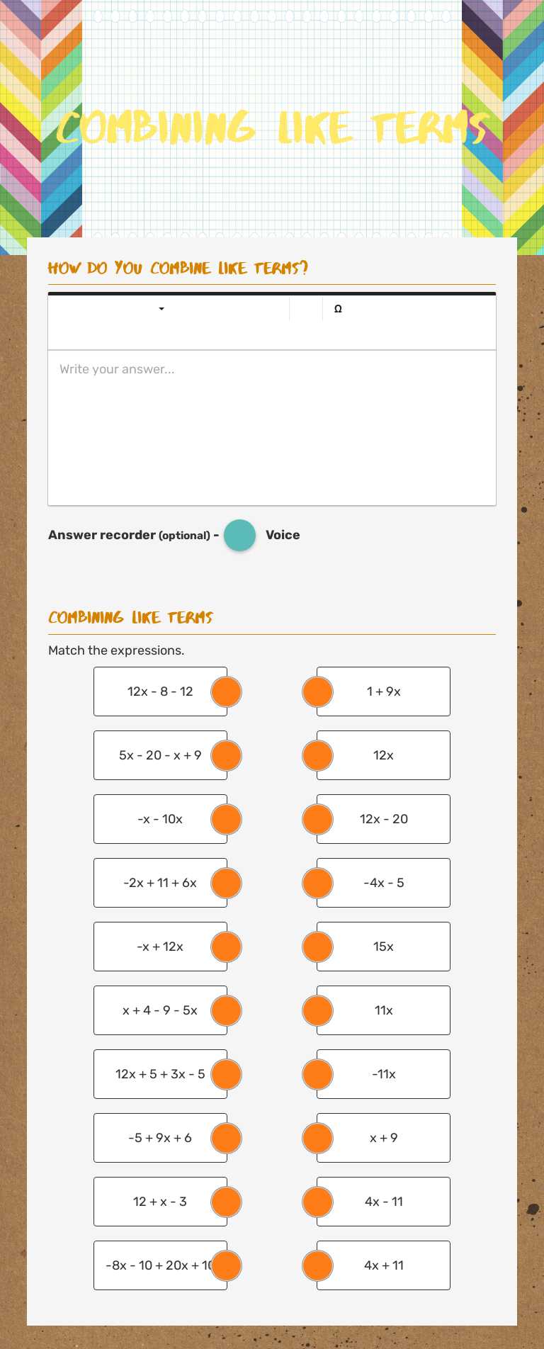 Combining Like Terms Grade 7 worksheet preview