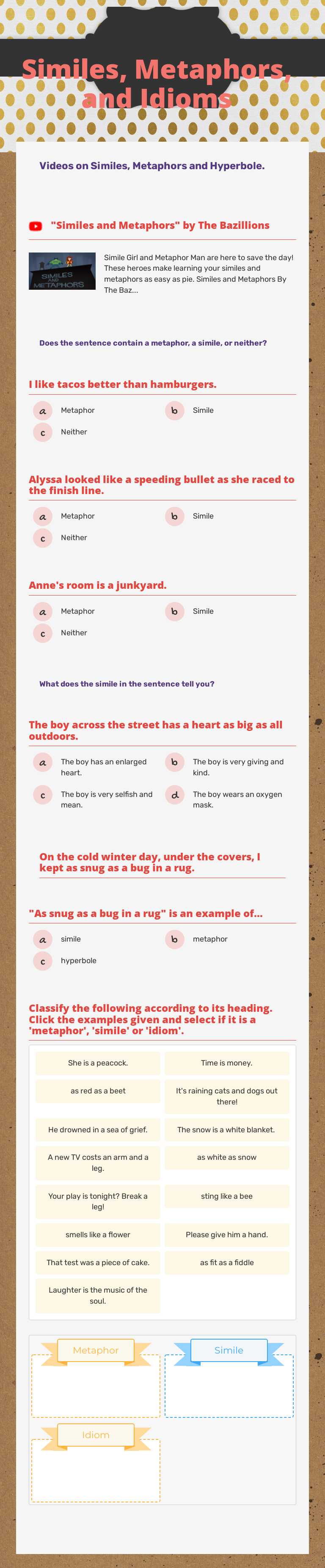 Similes, Metaphors, and Idioms Grade 5 worksheet preview