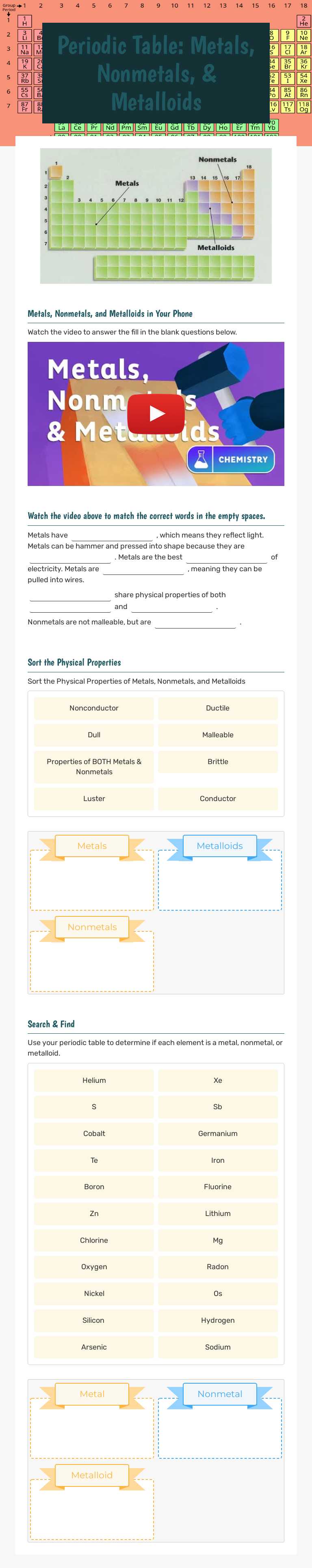 Periodic Table: Metals, Nonmetals, & Metalloids worksheet preview image