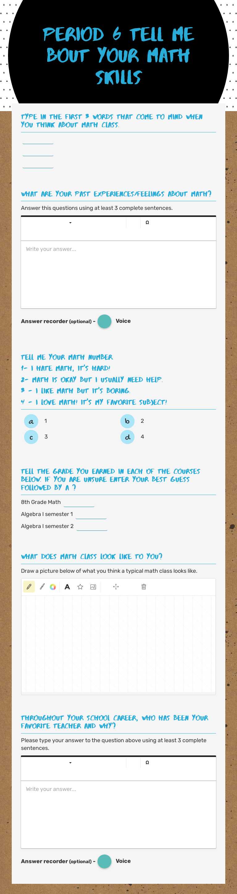 Period 6 
Tell me bout your Math Skills Grade 8 worksheet preview