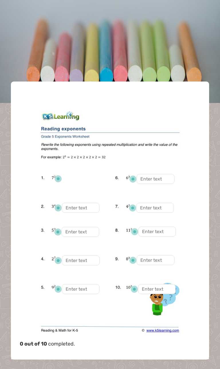 Exponents worksheet preview image