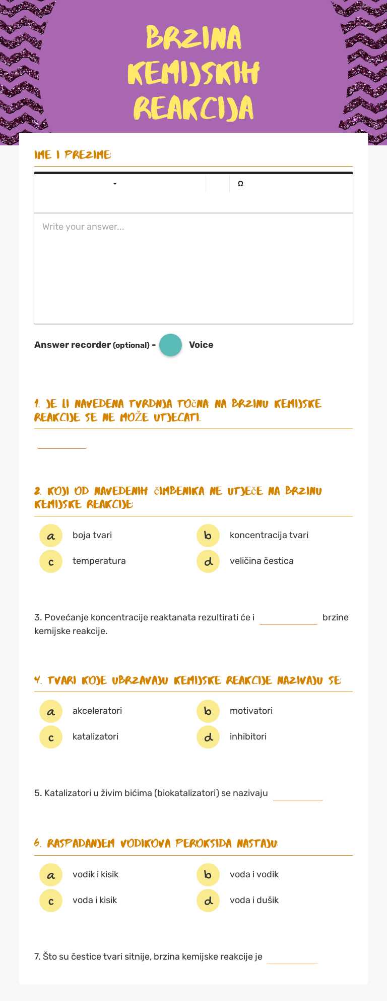 brzina kemijskih reakcija Grade 7 worksheet preview