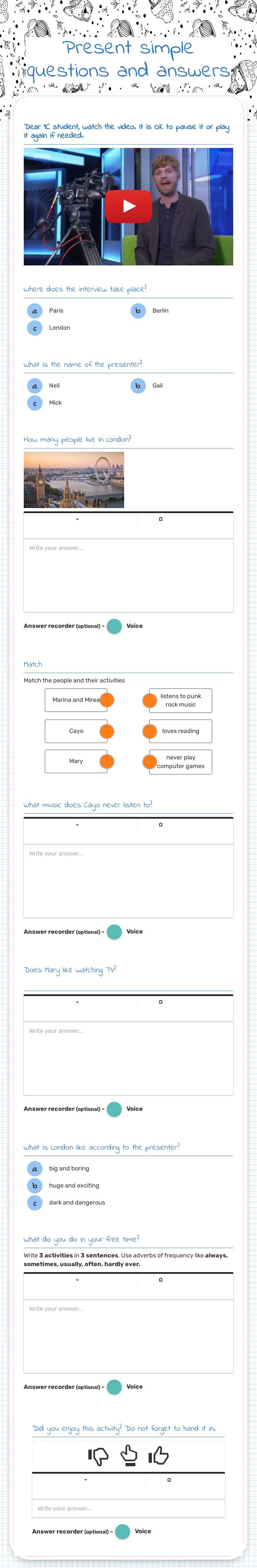 Present simple questions and answers Grade 5 worksheet preview