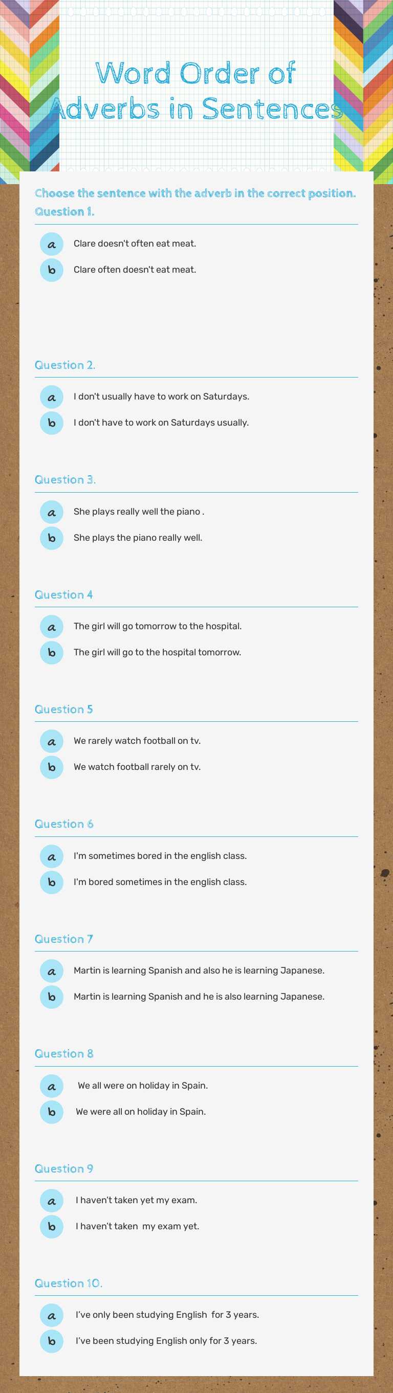 Word Order of Adverbs in Sentences Grade 11 worksheet preview
