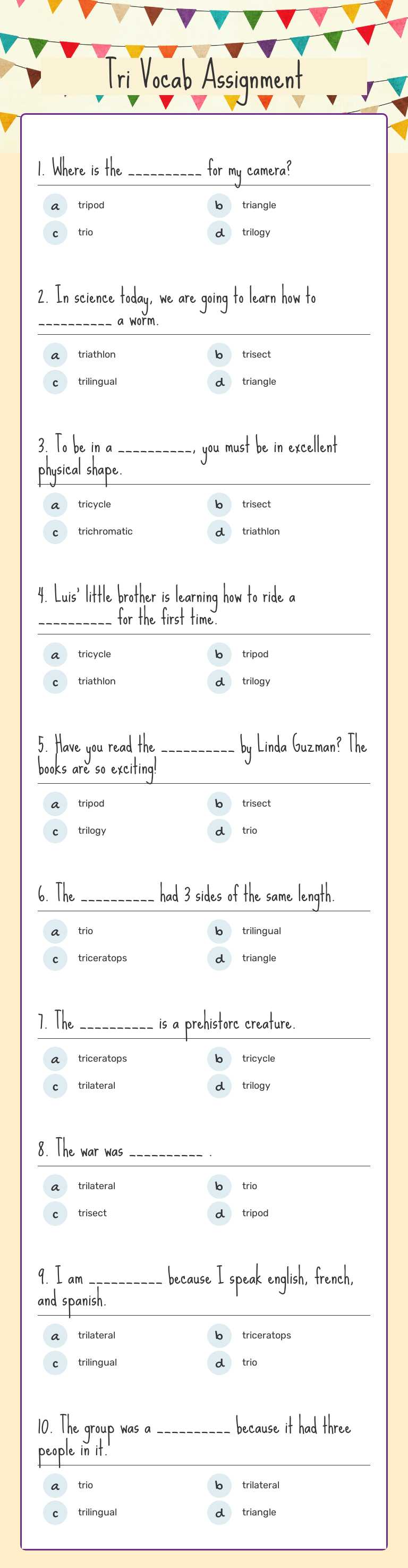 Tri Vocab Assignment worksheet preview image