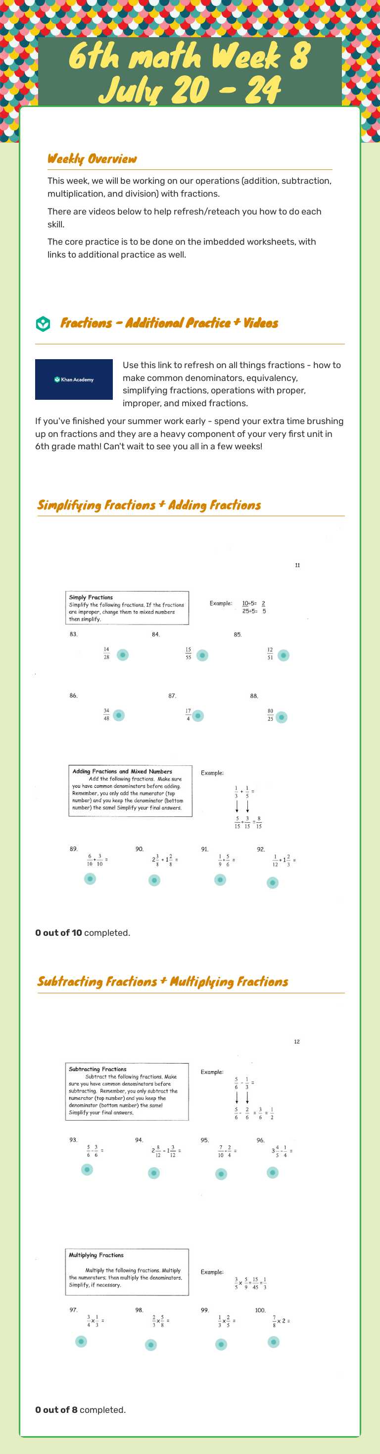 6th math Week 8     July 20 - 24 worksheet preview image