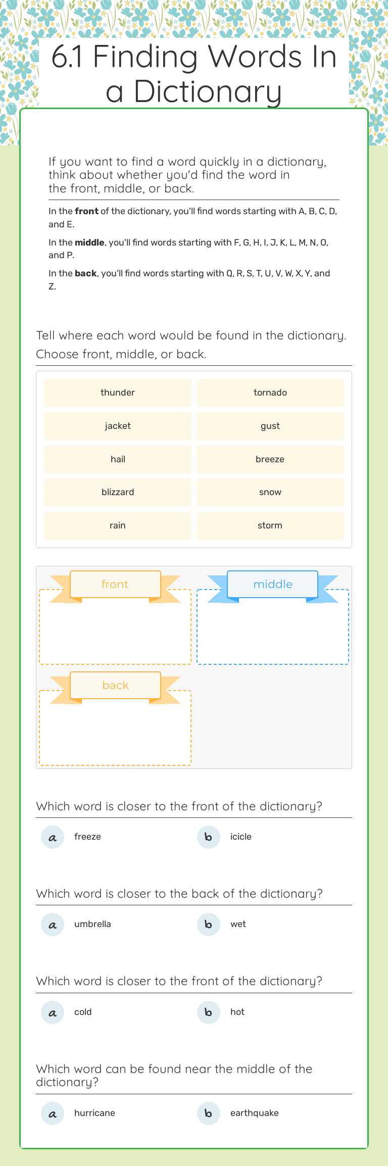 6.1 Finding Words In a Dictionary Grade 4 worksheet preview