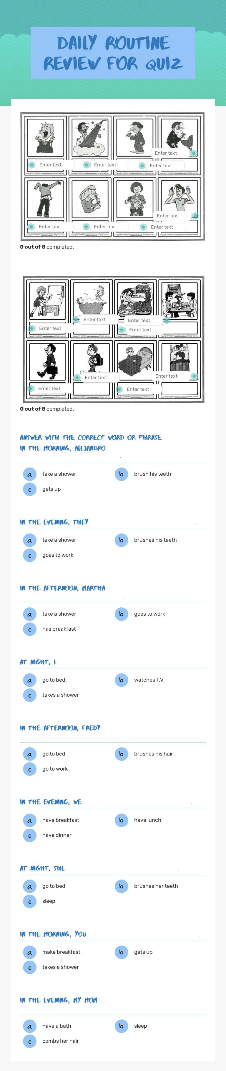 Daily Routine Review for Quiz Grade 2 worksheet preview