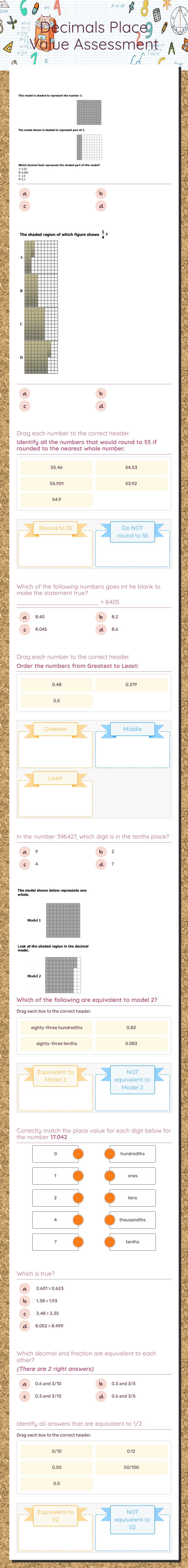 Decimals Place Value Assessment Grade 4 worksheet preview