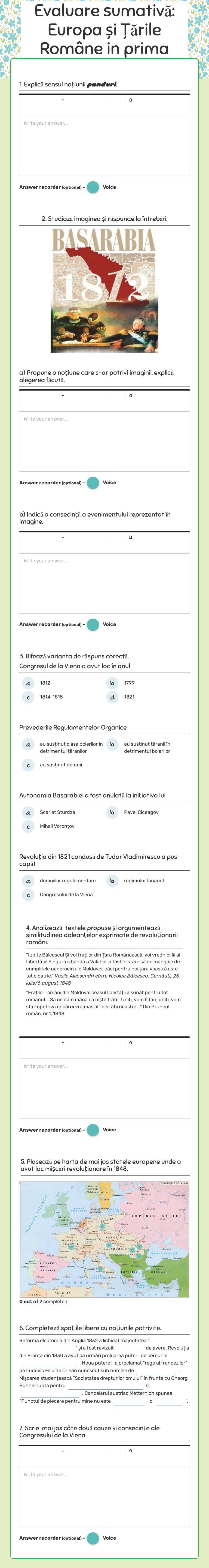 Evaluare sumativă: Europa și Țările Române in prima jumătate a sec.XIX worksheet preview image