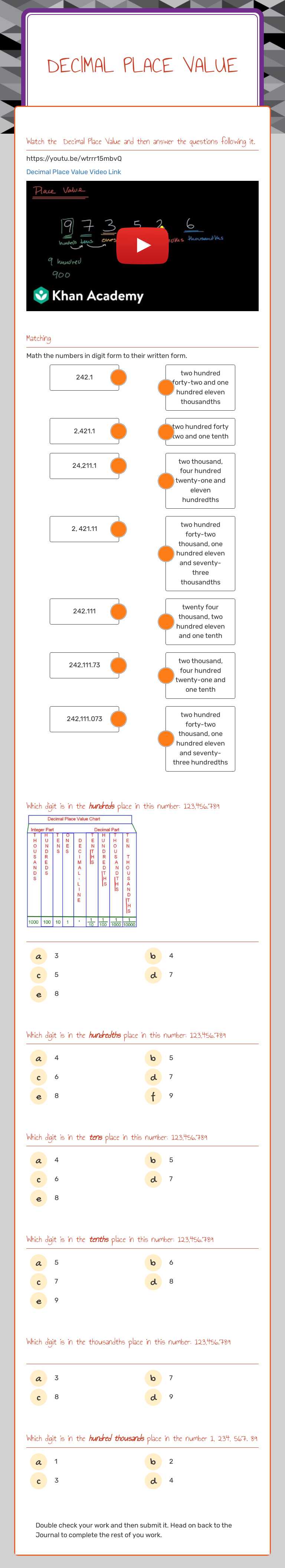decimal Place Value worksheet preview image
