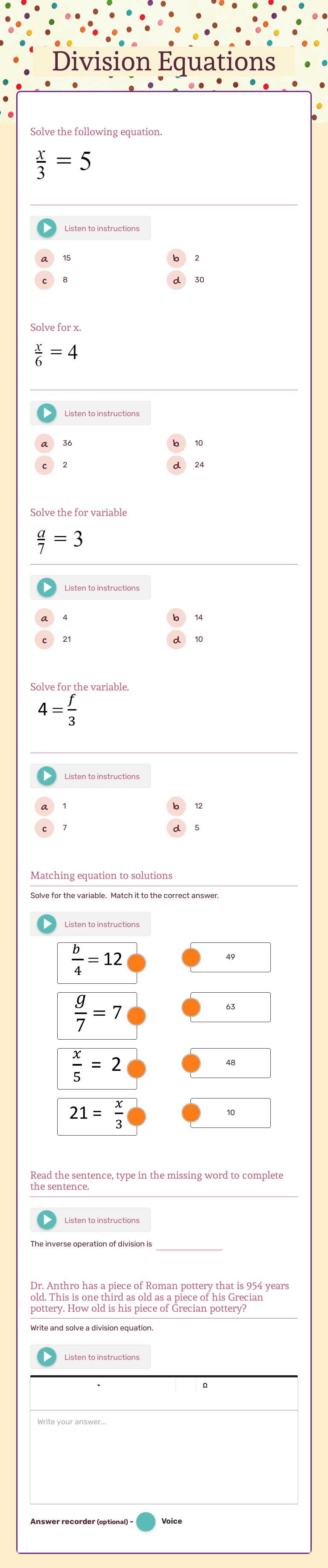 Division Equations Grade 6 worksheet preview