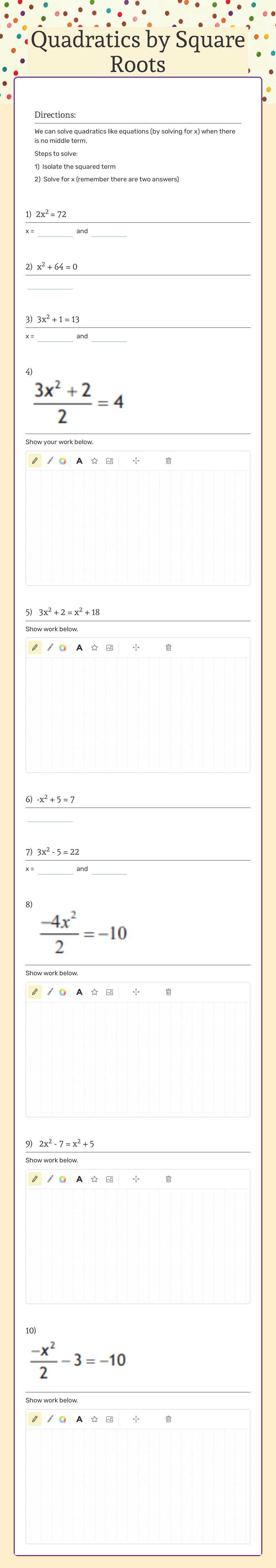 Quadratics by    Square Roots Grade 10 worksheet preview