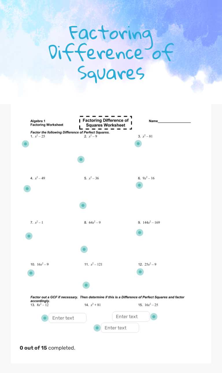 Factoring Difference of Squares Grade 9 worksheet preview