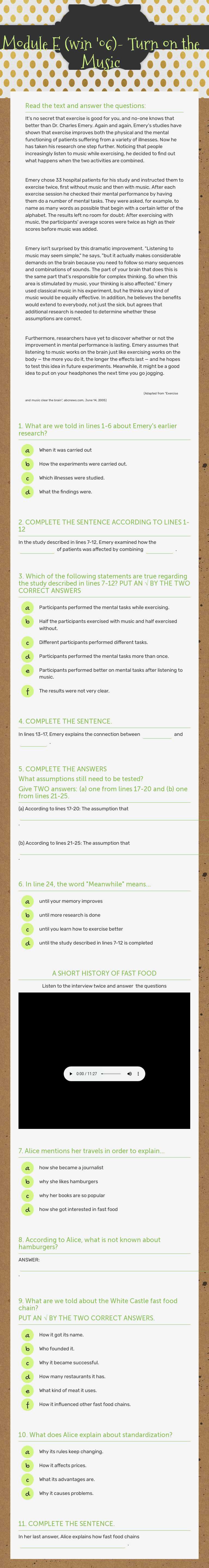 Module E (win '06)- Turn on the Music Grade 11 worksheet preview