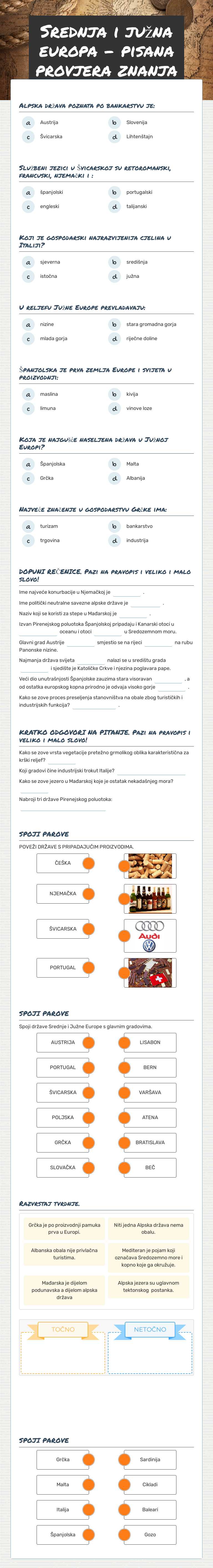 Srednja i južna europa - pisana provjera znanja worksheet preview image