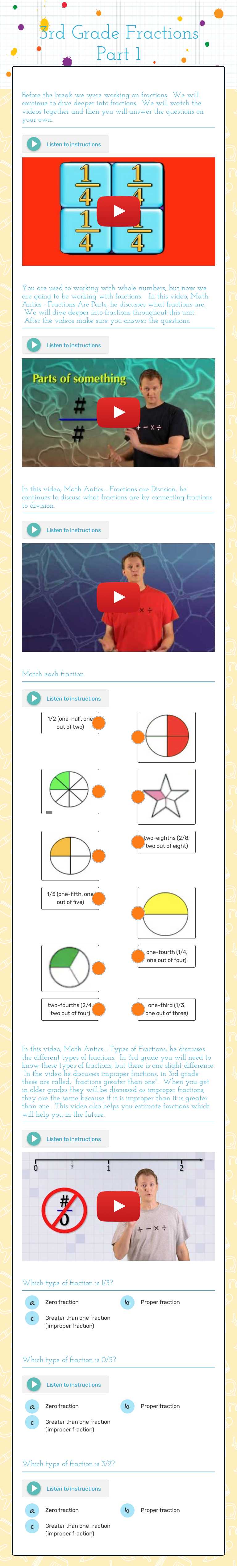 3rd Grade Fractions Part 1 worksheet preview image