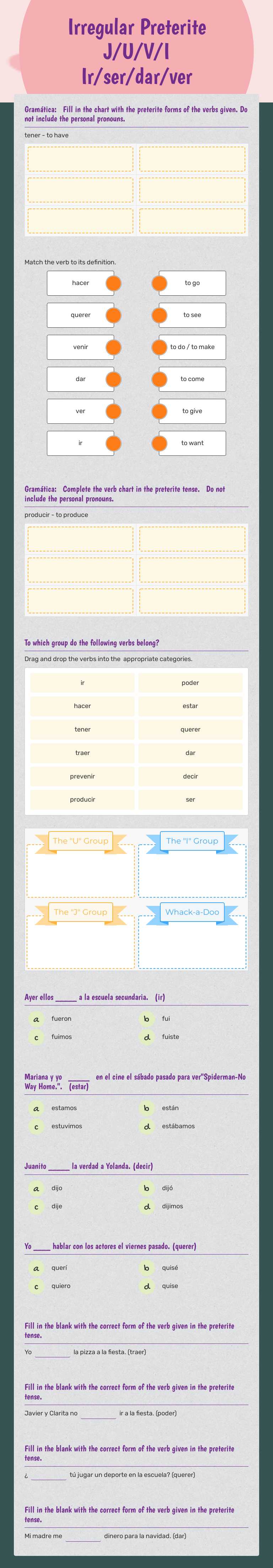 Irregular Preterite
J/U/V/I
Ir/ser/dar/ver worksheet preview image