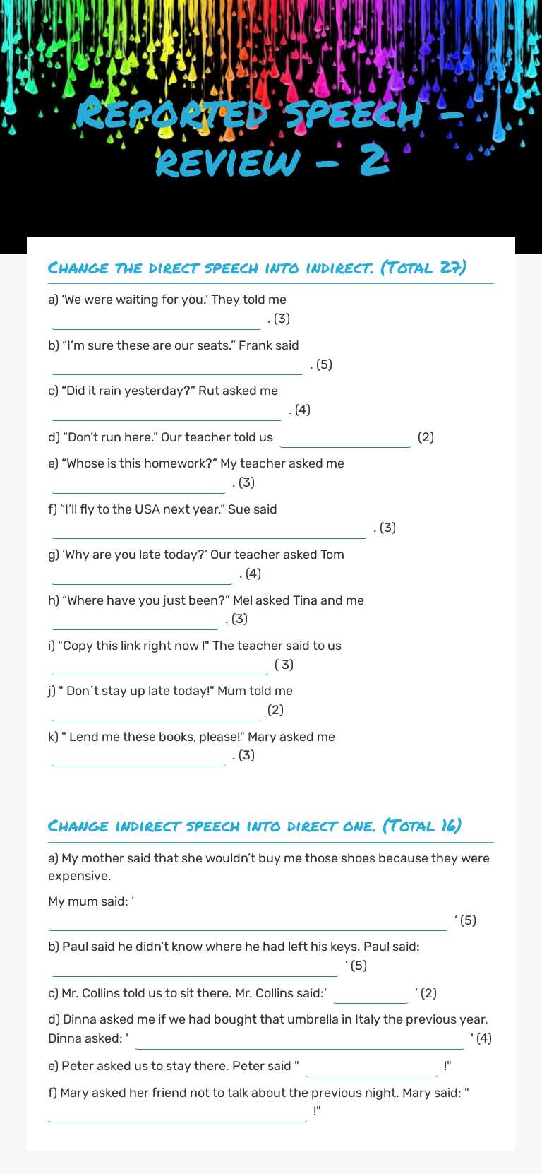 Reported speech - review - 2 worksheet preview image