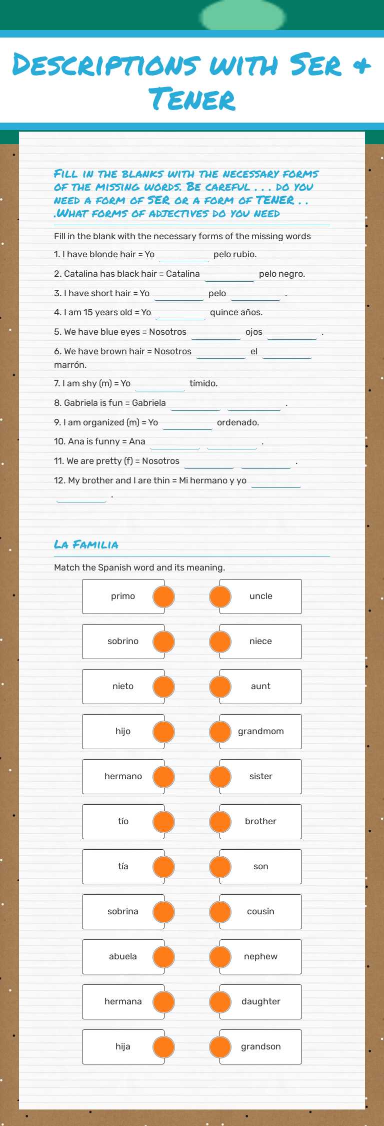 Descriptions with Ser & Tener worksheet preview