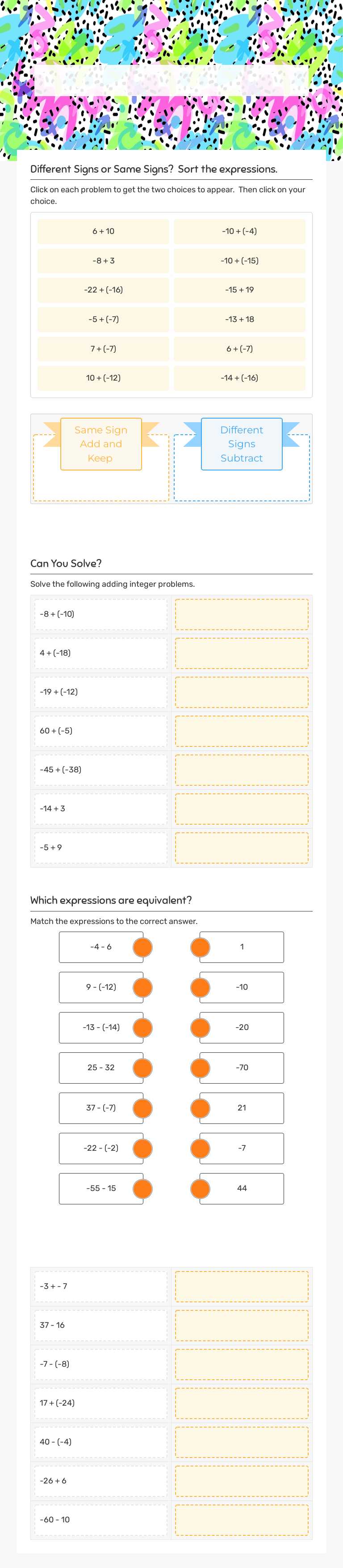 Adding and Subtracting Integers worksheet preview image