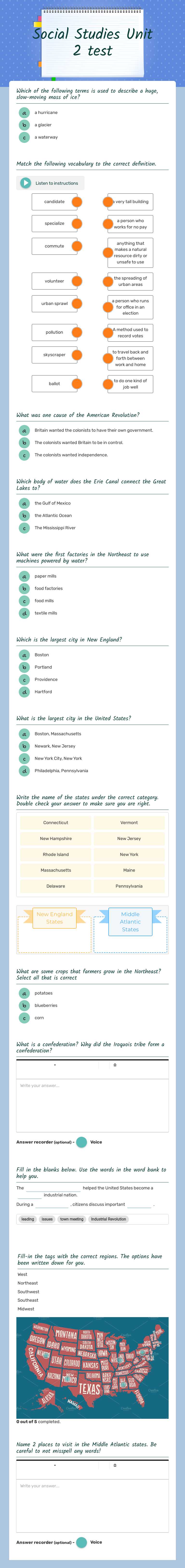 Social Studies Unit 2 test worksheet preview image