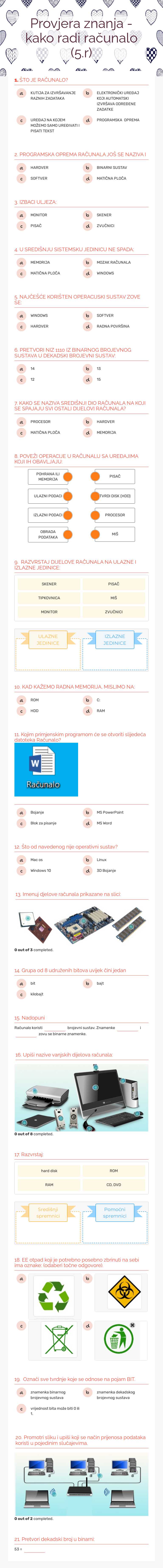 Provjera znanja - kako radi računalo (5.r) worksheet preview image