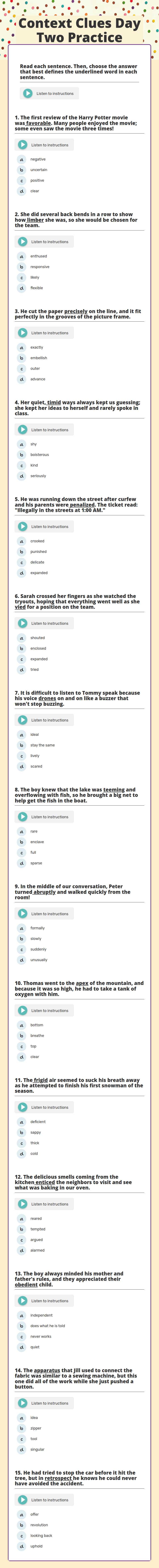 Context Clues Day Two Practice worksheet preview image
