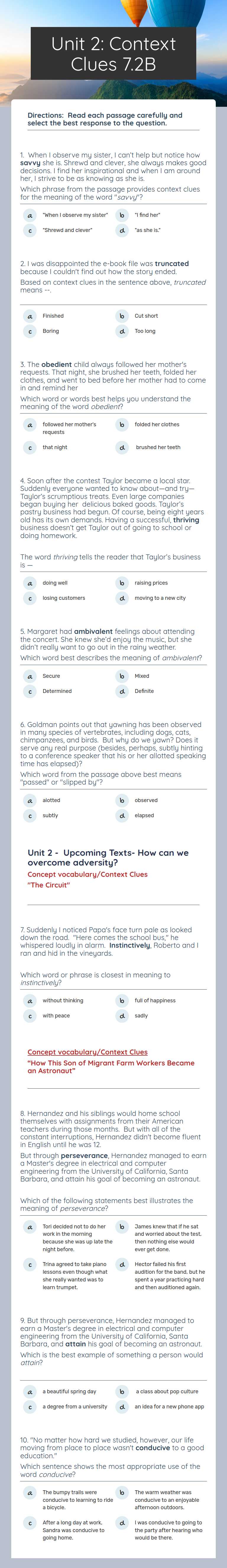 Unit 2: Context Clues 7.2B Grade 7 worksheet preview