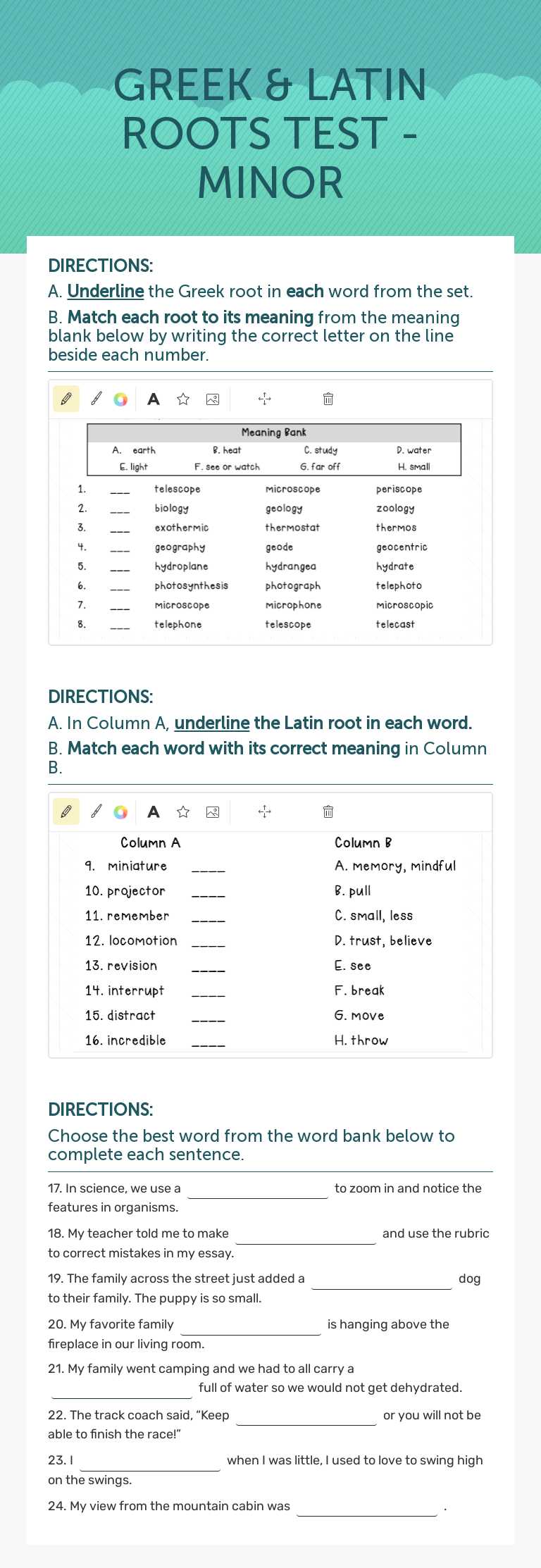 GREEK & LATIN ROOTS TEST - MINOR worksheet preview image