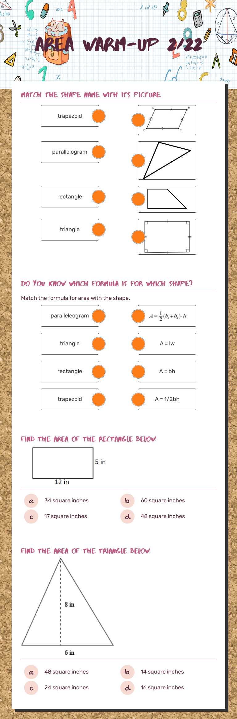 Area warm-up 2/22 Grade 5 worksheet preview