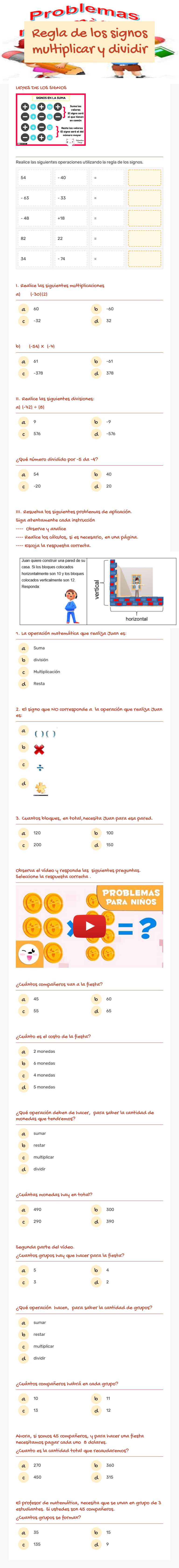 Regla de los signos multiplicar y dividir worksheet preview image