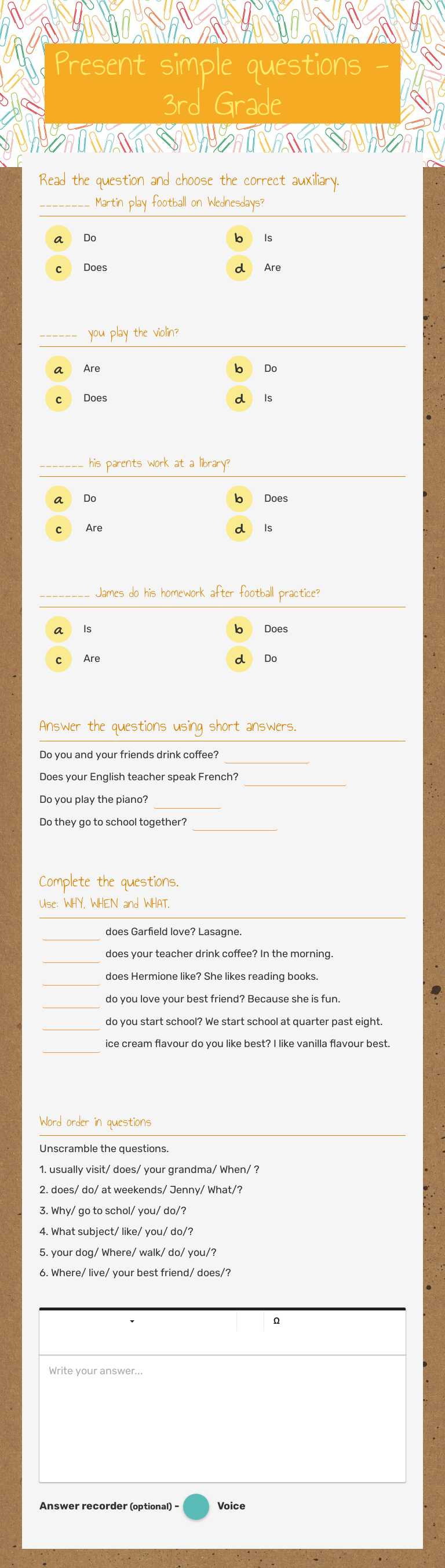 Present simple questions - 3rd Grade worksheet preview image