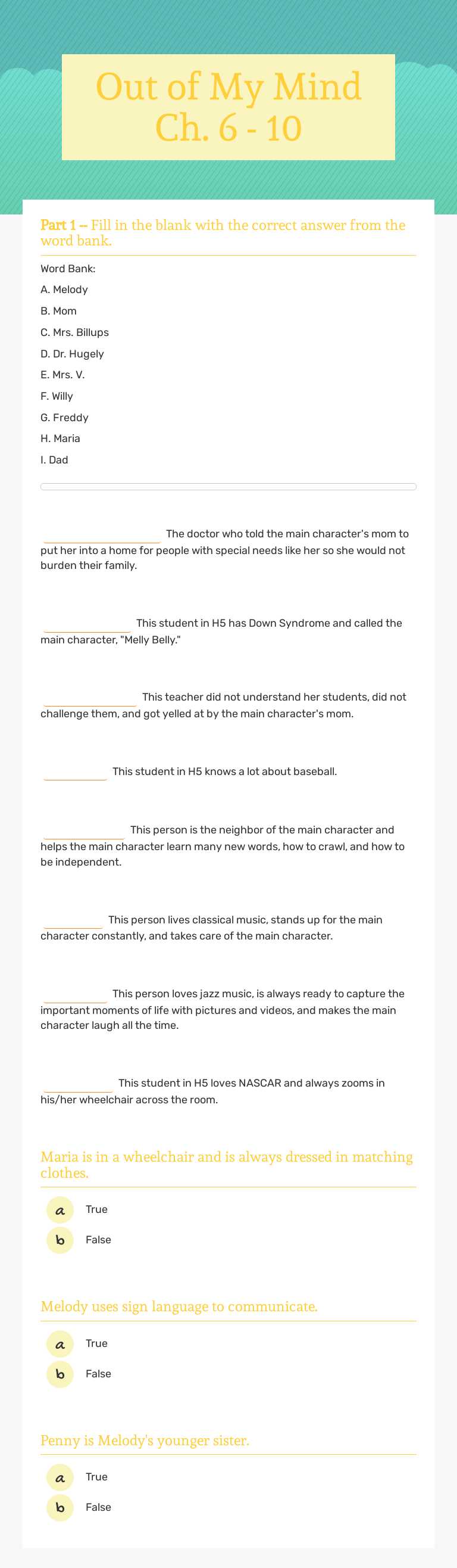 Out of My Mind     Ch. 6 - 10 worksheet preview image