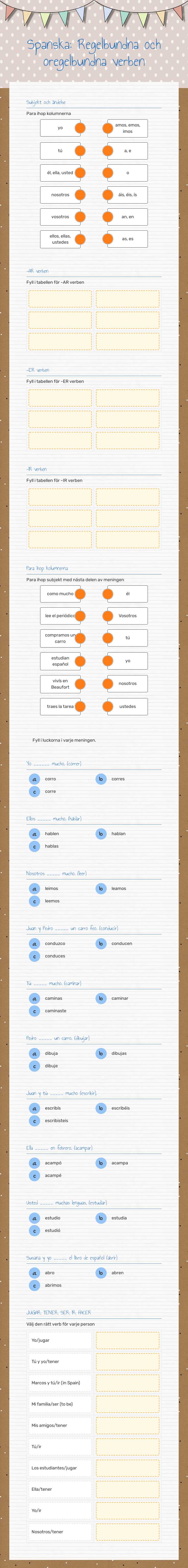 Spanska: Regelbundna och oregelbundna verben worksheet preview image