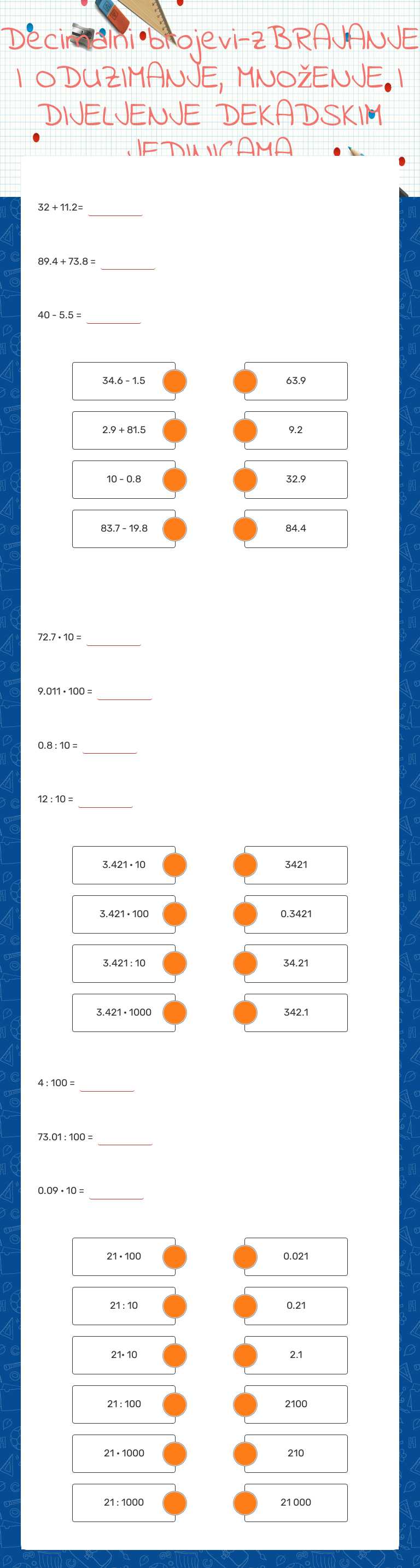Decimalni brojevi-zBRAJANJE I ODUZIMANJE, MNOžENJE I DIJELJENJE DEKADSKIM JEDINICAMA worksheet preview image