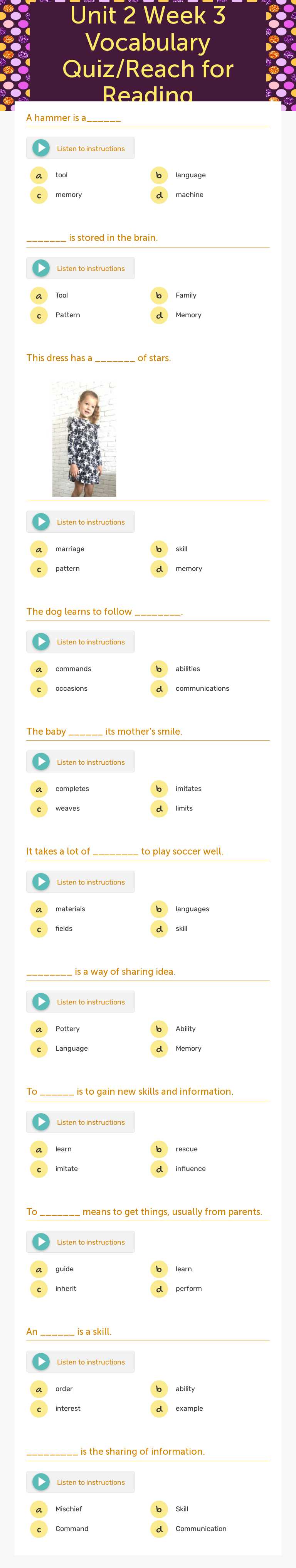 Unit 2 Week 3 Vocabulary Quiz/Reach for Reading Grade 4 worksheet preview