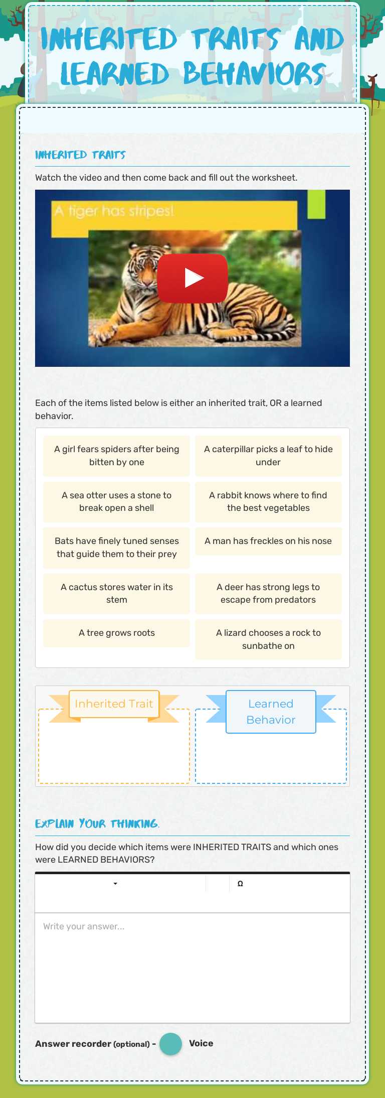 Inherited Traits and Learned Behaviors worksheet preview image
