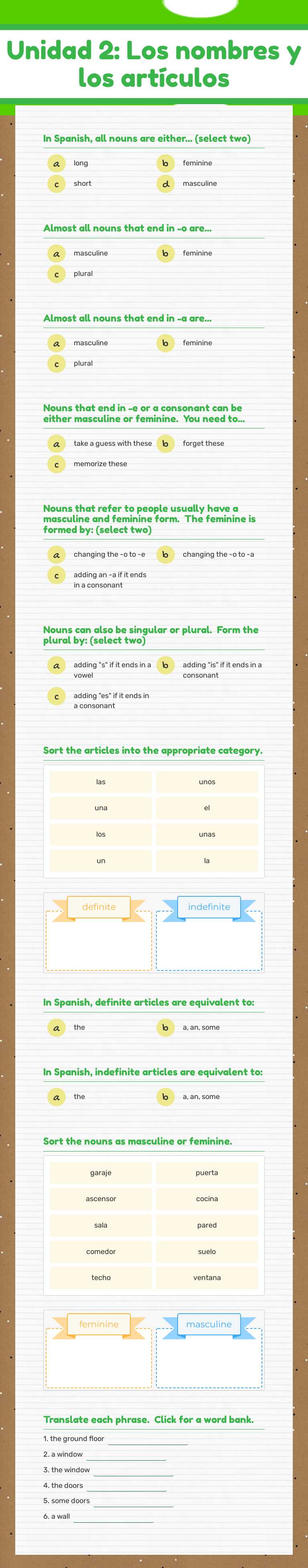 Unidad 2: 
Los nombres y los artículos worksheet preview image