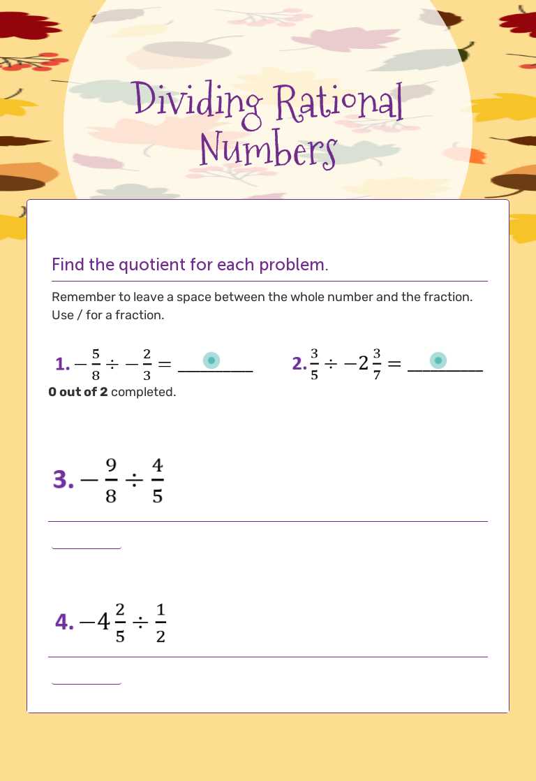 Dividing Rational Numbers worksheet preview image