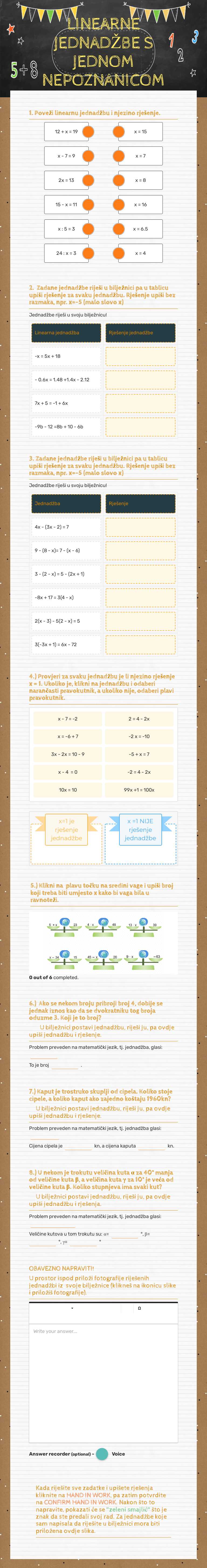 LINEARNE JEDNADŽBE S JEDNOM NEPOZNANICOM Grade 6 worksheet preview