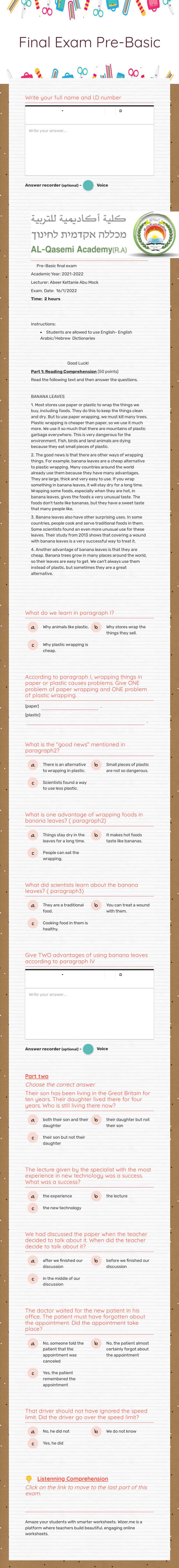 Final Exam Pre-Basic worksheet preview image