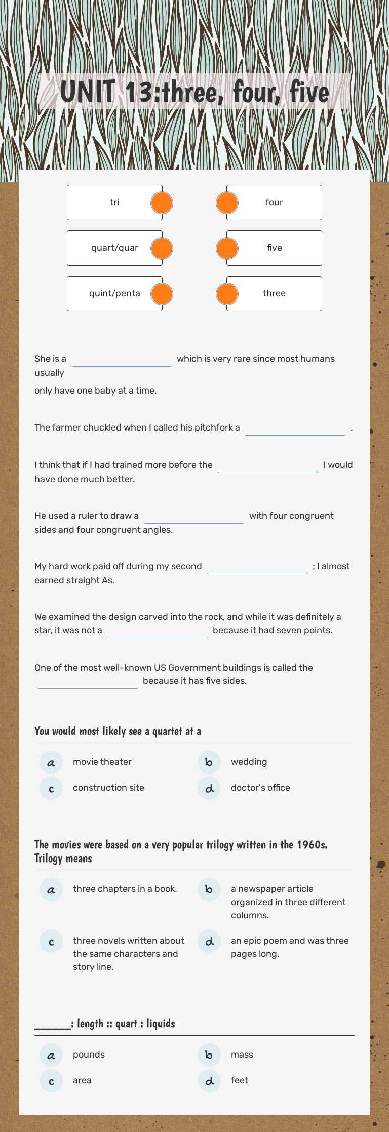 UNIT 13:three, four, five worksheet preview image