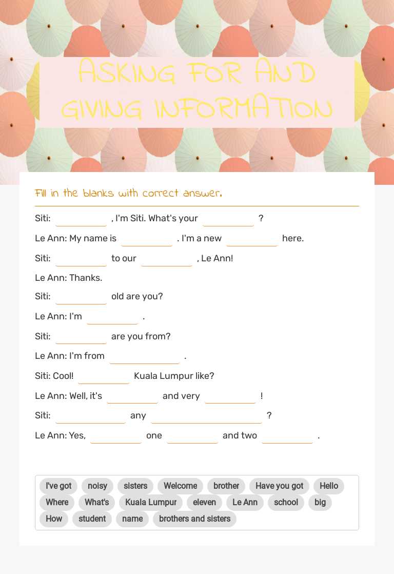 ASKING FOR AND GIVING INFORMATION worksheet preview image