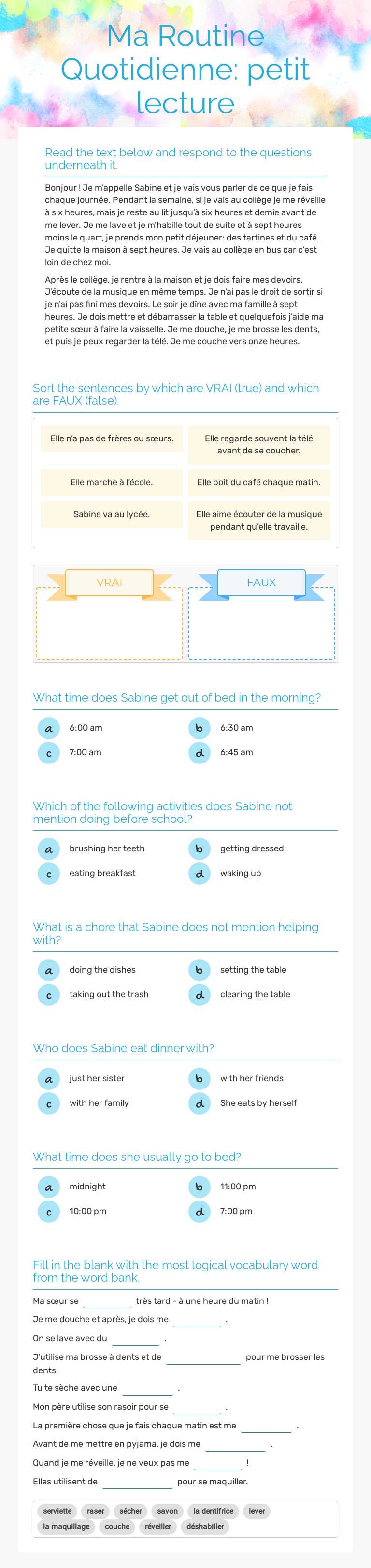 Ma Routine Quotidienne: petit lecture worksheet preview image