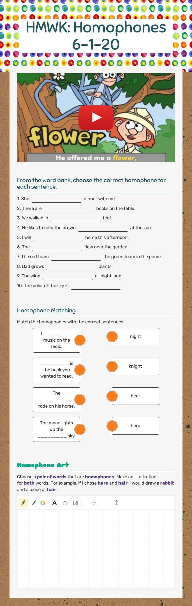 HMWK: Homophones 6-1-20 worksheet preview image