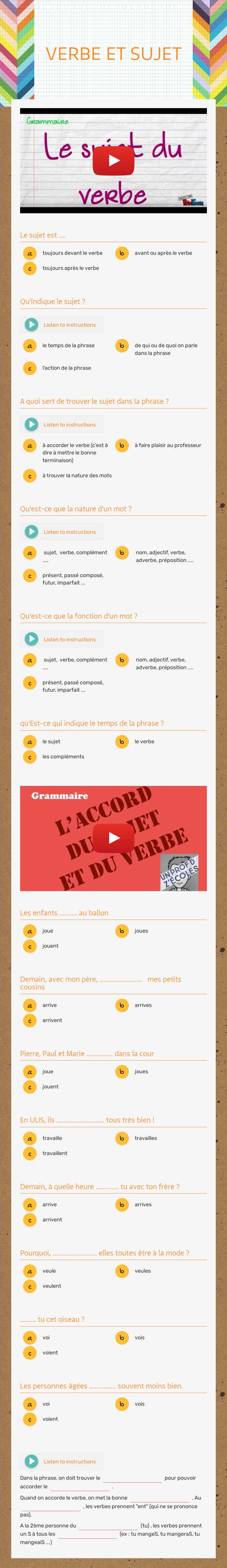 VERBE ET SUJET worksheet preview image