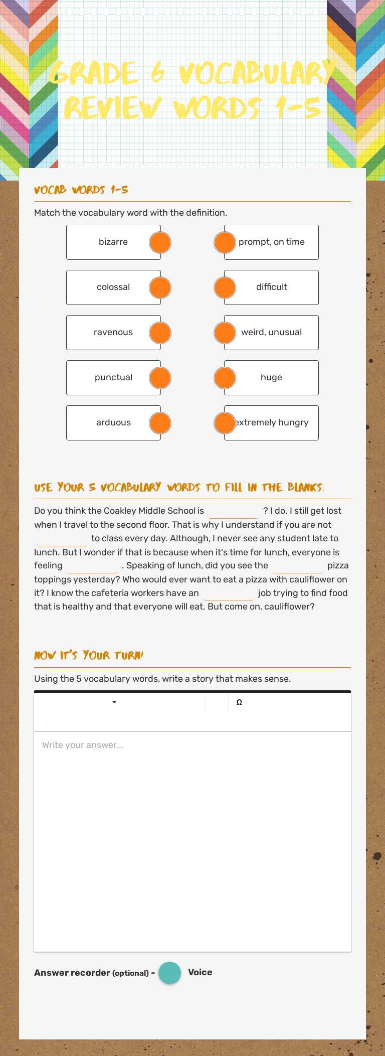 Grade 6 Vocabulary Review words 1-5 worksheet preview image