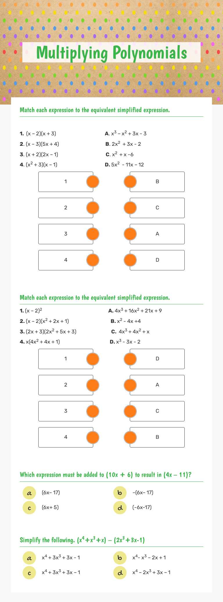 Multiplying Polynomials worksheet preview image