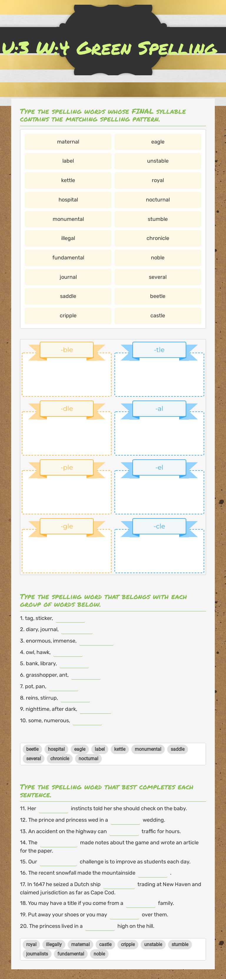 U:3 W:4 Green Spelling worksheet preview image